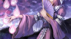 Nature Mountains clouds dress hats red eyes fans pink hair 