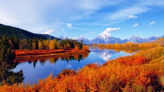nature Mountains river fall red leaves reflection forest