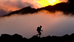 Nature Mountains silhouettes mist mountaineers