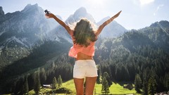 Nature Mountains woman hands legs long hair mountainscapes