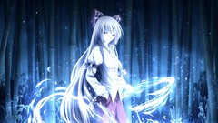 Nature night fire Plants bamboo white hair red eyes flames bows 