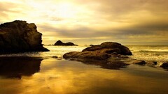 nature Sea coast beach sunset rock yellow horizon