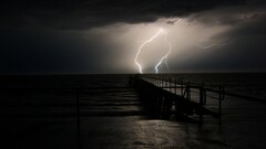 nature Sea sky storm Lightning dark pier wet