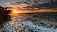nature Sea waves sunset coast rock water lens flare sunlight sky