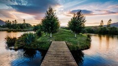nature sky clouds pier Trees Lake Island