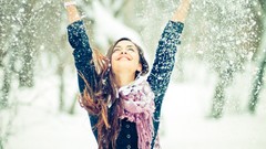 Nature snow cold woman coat scarfs smiling brunettes arms raised
