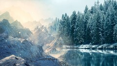 nature snow Lake Trees winter Mountains landscape