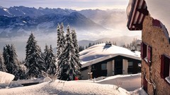 Nature snow winter Mountains cliffs houses