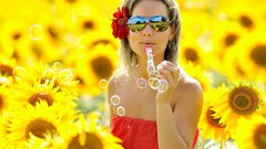 Nature Sunflowers woman bubbles soap sunny fields blondes 