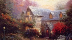 Nature Trees autumn paintings houses Thomas Kinkade artwork
