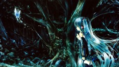 Nature Trees blue Butterflies woman Characters blue hair long 