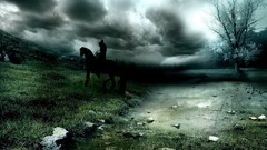 Nature Trees clouds dark Men Horses