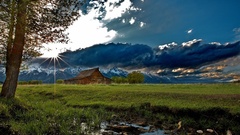 nature Trees clouds sky sun grass field outdoors Mountains barn