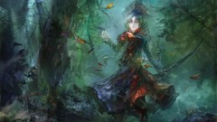 Nature Trees Green weapons Plants dress hats Swords long hair 