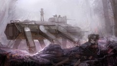 Nature Trees Machines weapons red eyes silhouettes anime girls 