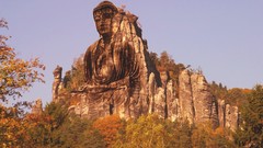 Nature Trees Mountains red Green Buddha rocks
