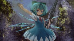 Nature Trees Mountains weapons Guns wings dress blue hair 