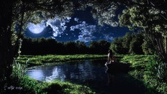 Nature Trees night water moon woman lakes forests nude