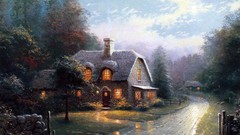 Nature Trees paintings houses rivers Thomas Kinkade artwork