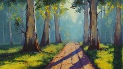 Nature Trees paintings paths sunlight forests