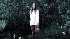 Nature Trees rain woman wet sad outdoors long hair blue eyes 