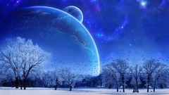Nature Trees snow winter blue moon Birds floral planets shadows 