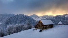 Nature Trees snow winter Mountains clouds sky white House 