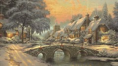 Nature Trees snow winter paintings houses Thomas Kinkade artwork