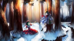 Nature Trees snow winter water dress hats sitting red dress 