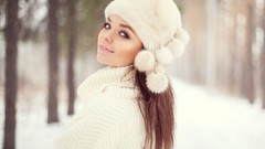 Nature Trees snow winter woman brunettes sweaters fur hats