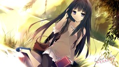 Nature Trees text Books sitting sunlight long hair anime girls 