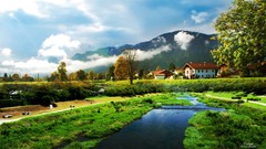 Nature Trees wall clouds Green lakes houses Villages skyscapes