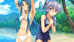 Nature Trees water clouds woman Anime Beaches blue hair gray 