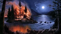 Nature Trees water fire moon smoke streams flames burning skies 