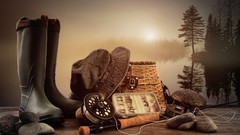 Nature Trees water fishing hats rocks boots