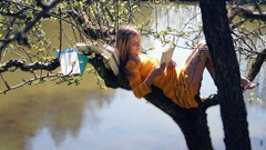Nature Trees water woman Books legs blondes reading yellow dress