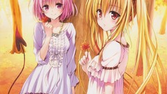 Nature Trees woman Anime dress red eyes blondes pink hair 