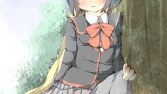 Nature Trees woman Anime Ribbons outdoors skirts blush blue 