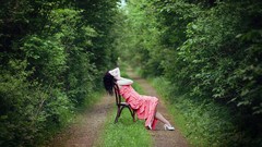 Nature Trees woman chairs sitting paths brunettes Pink Dress 