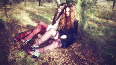 Nature Trees woman couple stockings long hair forests redheads