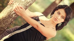 Nature Trees woman green eyes brunettes