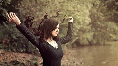 Nature Trees woman rivers brunettes