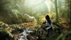 Nature Trees woman streams sunlight rivers forests unicorns 
