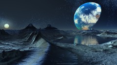 Nature water blue dawn moon planets outer space artwork