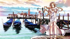 Nature water clouds Boats Anime dress sitting blondes pink hair 