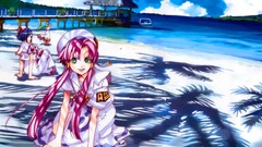 Nature water clouds woman Anime hats sitting Beaches blue hair 