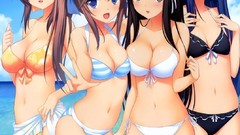 Nature water clouds woman neon Anime Beaches blue hair smiling 