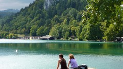 Nature water Mountains woman Ducks