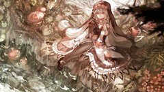 Nature water Plants dress white hair sitting outdoors veil long 