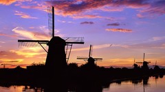 Nature water windmills silhouettes reflections